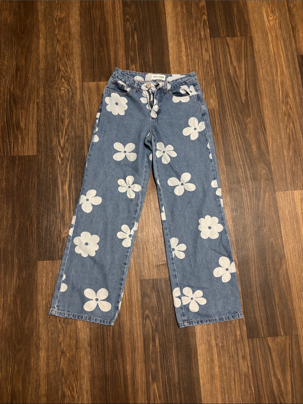 GOGO Denim Wide-Leg Jeans with White Daisy Print